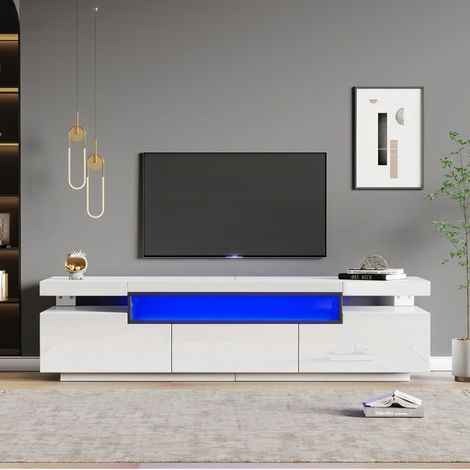 Meuble TV - KOMHTOM - 160x39x42 cm - Blanc brillant - LED 16 couleurs - 3 tiroirs (1/5)