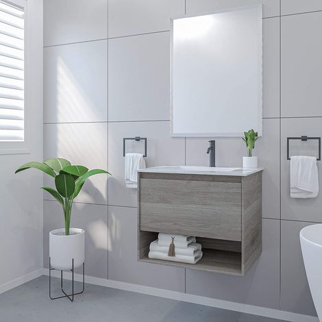 Mobile Bagno Sospeso Salvaspazio con Lavabo e Specchio 1 Cassettone 60x46x50h (1/5)