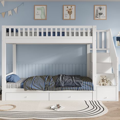 Lit superposé blanc pour enfant 90x200 cm en bois, avec escalier de rangement, 2 tiroirs de lit et protection antichute, lit mezzanine gain de place pour chambre d'enfant (1/5)