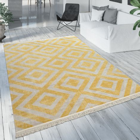 Paco Home Tappeto da esterno per il balcone o la terrazza in giallo con look scandinavo e design a rombi resistente alle intemperie e morbido 80x150 cm