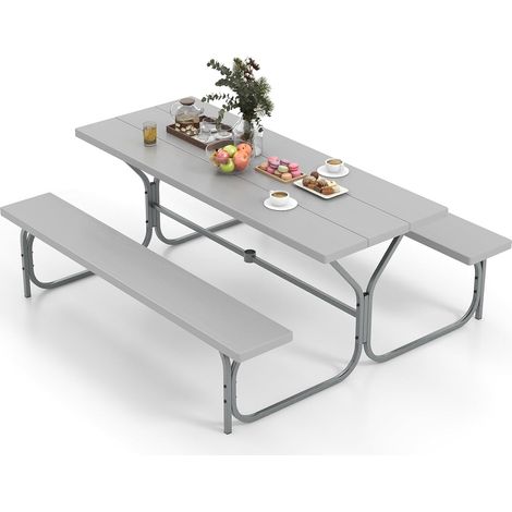 COSTWAY Conjunto Mesa y Banco de Picnic de 8 Personas, 2 Bancos con Marco de Metal y Mesa de HDPE, Mesa y Sillas Camping, Orificio para Sombrilla, 183 x 161 x 76 cm (Gris) (1/5)