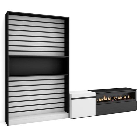 Skraut Home - Muebles de Salón para TV, Conjunto de muebles comedor, 260x186x35cm, Para TV hasta 65", Chimenea eléctrica, Estilo Moderno, Blanco y negro (1/5)