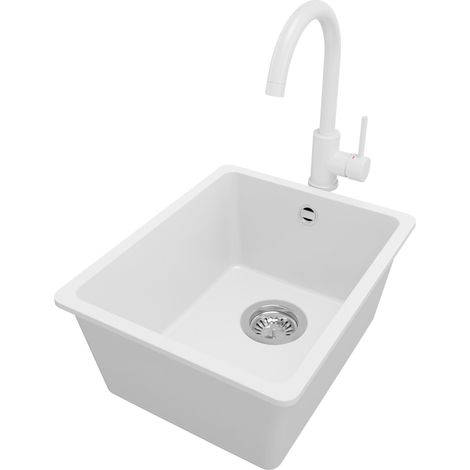 PRIMAGRAN Evier Cuisine en Granit 36x44cm, Lavabo 1 bac + Robinet 32x20cm + Kit de Vidage, Évier à Encastrer au meuble 40cm - Venise Slim Easy, Blanc (1/5)
