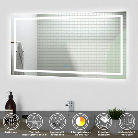 Acezanble Miroir Salle de Bain LED 120x70cm avec Anti-buée + 3 Couleurs + Dimmable, Mural Miroir Lumineux