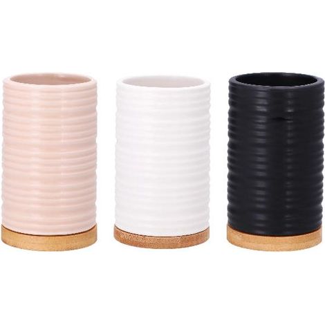 1 Pezzo Bicchiere Portaspazzolini in Ceramica Righe e Bmaboo 3 Colori (1/2)