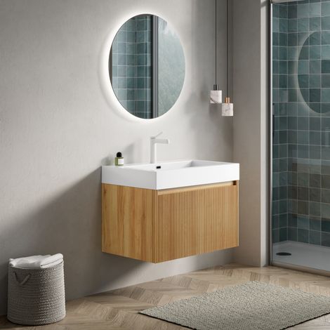 Mueble de lavabo suspendido 70x46x50 cm blanco y madera, cajón LED – MEUBLIV (1/5)