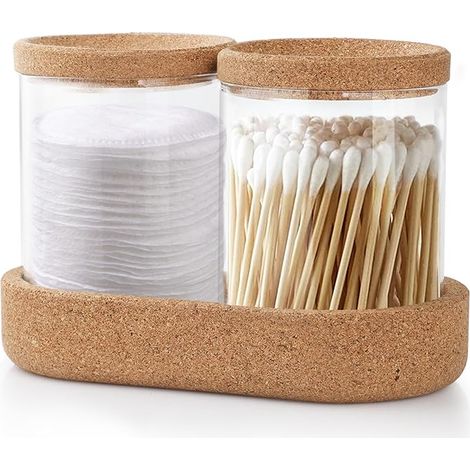Porta hisopos de algodón (2 piezas), cajas de almacenamiento de cosméticos con tapa de corcho para tampones, hisopos, bolas e hilo dental - Transparente