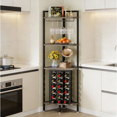 Étagère à vin d’angle sur pied, 4 niveaux, avec porte-verres, MDF gris, métal (1/5)