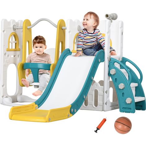 6-in-1 Swing and Slide Set, Kids Playground with Basketball Hoop, Telescope, Storage Space - Yellow (1/5)