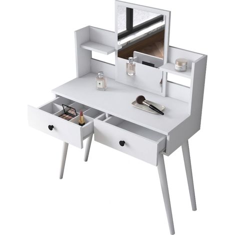 Tocador Longhena, Mueble de Maquillaje con Espejo, 2 Cajones, Estructura Negra, 103x40x112h cm Blanco