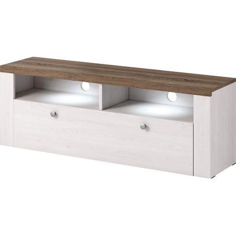 Meuble TV VOLTIA avec 2 portes et 1 niche - Blanc / chêne