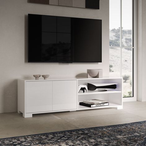 Porta TV in legno con 2 ante e vano a giorno 150x40 cm KYLA Bianco Lucido (1/3)
