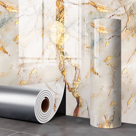 JSSEVN - Rollo de papel pintado autoadhesivo imitación mármol, 2,6 mm de grosor, resistente al aceite, impermeable, chapado en oro ámbar. (1/5)