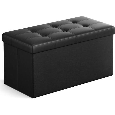 Banc de Rangement Pliable 80L, Coffre, Tabouret, Repose-pieds, Bout de Lit, Charge Statique Maximale 300 kg, Revêtement en PVC, Rembourré, Noir LSF105 (1/5)