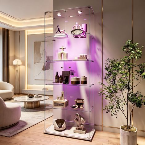 FOERPL-Vetrinetta in vetro con 5 ripiani a 2 ante, vetrinetta a colonna in vetro con LED e serratura, armadio moderno per lenti da collezione VetRine esposizione a colonna vetrina soggiorno