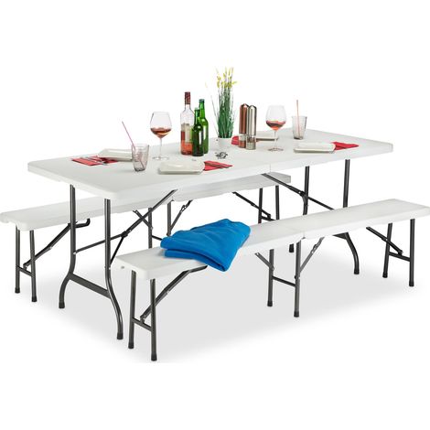 Relaxdays Bierzeltgarnitur klappbar, 3er Gartenmöbel Set, uni, H x B x T: 74 x 180 x 74,5 cm, weiß