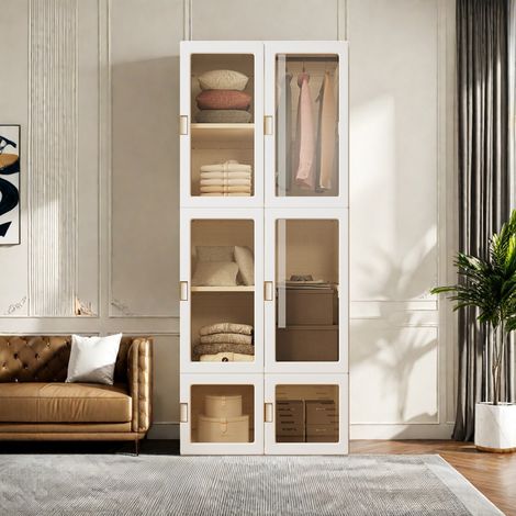 Armoire de rangement penderie 69 x 50 x 170 cm - Armoire portable pliable 6 portes transparentes - Blanc - PP - Capacité 60 kg - Pour salon et chambre