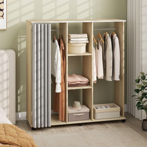 Kleiderschrank, mobile Aufbewahrungseinheit mit 6 Rollen, 120 x 40 x 128 cm (L x B x H), Naturholz