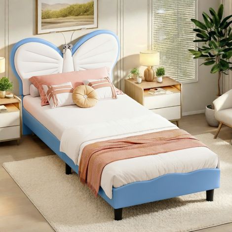 Lit simple enfant 90 x 200 cm avec Éclairage LED de Lecture - Sommier à lattes - Tête de Lit Papillon Réglable - PU - Style scandinave bleu (1/5)