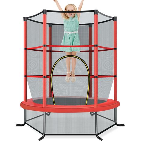 COSTWAY Trampoline Extérieur Enfants Ø165 CM avec Filet de Sécurité, Trampoline Enfants avec Cadre en Acier & 6 Poteaux Recouvert de Mousse, Charge Max 135kg pour Garçon et Fille (Rouge) (1/5)