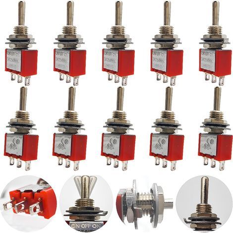 10 piezas de mini interruptor basculante, AC 125V 6A / 250V 2A, 3 pines SPDT ON-Off-ON, interruptor basculante de 3 posiciones con autobloqueo para piezas de automóvil, color rojo (1/5)