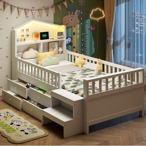 Cama infantil 90x200 cm blanca con barandillas, 4 cajones, escalera, LED y USB (1/5)