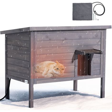 Maison Chat Surélevée Chauffante, 87x53,5x69 cm, Niche Chat Extérieur avec Coussin Chauffant, Abri en Bois avec Porte à Rabat en PVC, Toit en Asphalte Ouvrable, pour 1 à 3 Chats Sauvages Hiver (1/5)