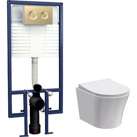 Nuie Round Wall Hung Pan with Brushed Brass Flush Plate and 5-in-1 Frame (including Soft Close Seat)