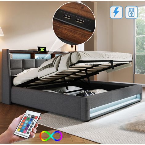 Polsterbett 160/200 cm grau aus Leinen mit LED, USB und Stauraum (1/5)