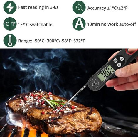 Thermomètre Viande Pliable Thermomètre Cuisine Numérique Thermomètre à viande avec Grande écran LCD et Sonde Pliable pour BBQ Cuisson Buf Viande Steak Lait Vin-Noir (1/4)