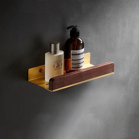 Étagère d'angle murale de salle de bain (30 cm) en bois de noyer brossé doré, avec barre de rangement et crochets. (1/5)