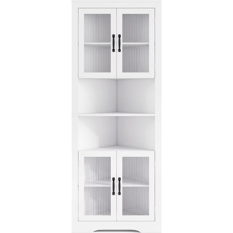 Buffet d'angle triangulaire blanc en verre trempé avec 2 portes vitrées et 2 étagères réglables pour salon, salle de bain et bureau (1/5)