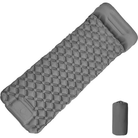 Matelas de couchage gonflable ultraléger avec oreiller et pompe à pied, simple, boutons transformable en double (gris). (1/5)