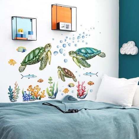 Adhesivos de pared de tortugas marinas, corales y algas - Decoración de pared para dormitorio y baño - Pegatinas transparentes de tortugas marinas - Vinilos decorativos para baño (1/4)