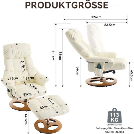 Fauteuil inclinable confortable avec massage et fonction chauffage, fonction position inclinable et tabouret, tissu PU blanc. Original
