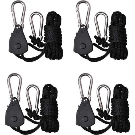 Lot de 4 câbles de levage à cliquet réglables – anti-desserrage, mousqueton fer galvanisé, pour lampes horticoles suspensions plantes jardin serre, robuste