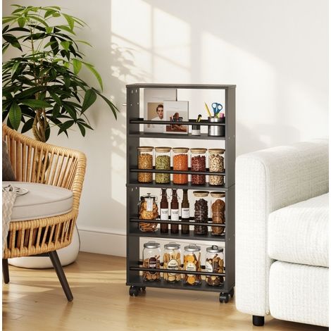 Étagère de rangement 45x15x91 cm noire en bois avec roulettes et 4 compartiments (1/4)