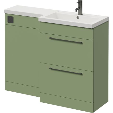 Napoli 390 Olive Green 1100mm 2 Drawer Vanity Unit Toilet Suite with Square Right Hand Lucia Basin - 1100mm - Gunmetal Grey 320mm HandleWithout Kingston Toilet Pan
