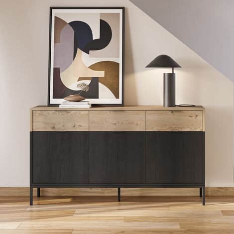 Buffet 3 portes 3 tiroirs 150x40x82 cm décor chêne et noir - NANGY