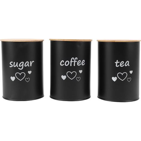 Boîte à café hermétique en fer, 3 pièces, récipient de stockage de grains, pot alimentaire avec couvercle pour la cuisine, thé, céréales, sucre, noir. (1/5)