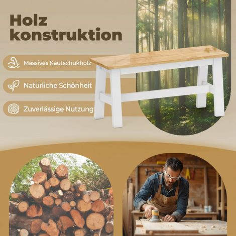 Banc pour 2 personnes en bois caoutchouc blanc, imitation chêne, barre stabilisatrice, pour salon, salle à manger, entrée (1/5)