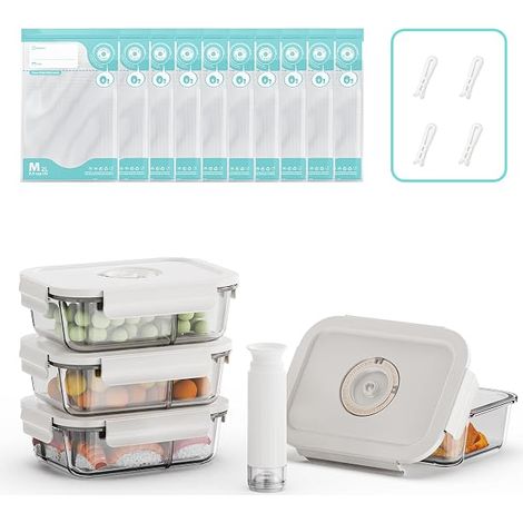 Set of Glass Food Containers with Vacuum Pump, Built-in Date Indicator, for Oven, Microwave, Dishwasher and Freezer (S) (1/5)