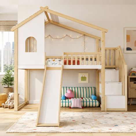 Letto a soppalco per bambini 90x200 cm legno naturale e bianco con scivolo - MEUBLIV (1/5)