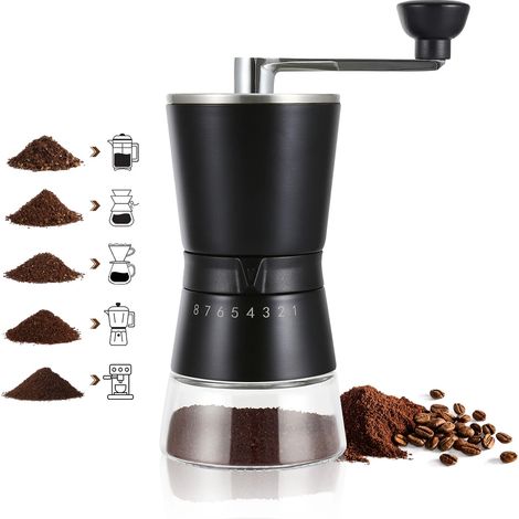 Moulin à café manuel en céramique noire avec mouture réglable pour expresso, cafetière à piston et café filtre, idéal pour la maison, le bureau et les voyages.-AquaForge (1/5)