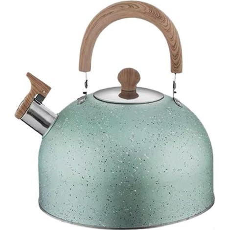 Bollitore a fischio, acciaio inox 201, base piatta, manico in legno, adatto a piani cottura a gas e a induzione. (1/5)