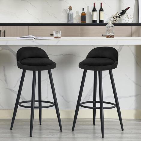 WOLTU 2x Taburete de Bar, Silla de Cocina, Respaldo Alto con Reposapiés, Terciopelo y Metal, Negro