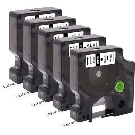 Lot de 5 bandes de rechange pour étiquettes compatibles Dymo D1 45013 S0720530 (12 mm x 7 m) - Ruban adhésif noir sur ruban blanc avec Dymo Label Manager 160 200 210D 280 360D 420P 450D (1/4)