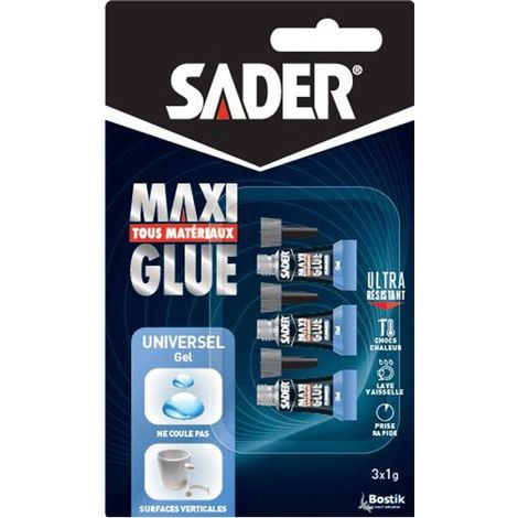 Colle Maxiglue Universel Gel SADER Transparent Ultra puissante et résistante Prise maxi rapide en 10 secondes - 3 minis tubes de 1