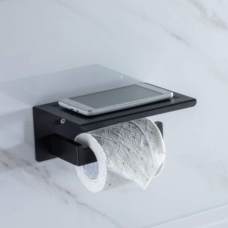 Dérouleur Papier Toilettes Porte Rouleau Support Papier Toilette avec Tablette En Acier Inox SS304 Noir Fixation Invosible et Solide Accessoirs WC (1/3)
