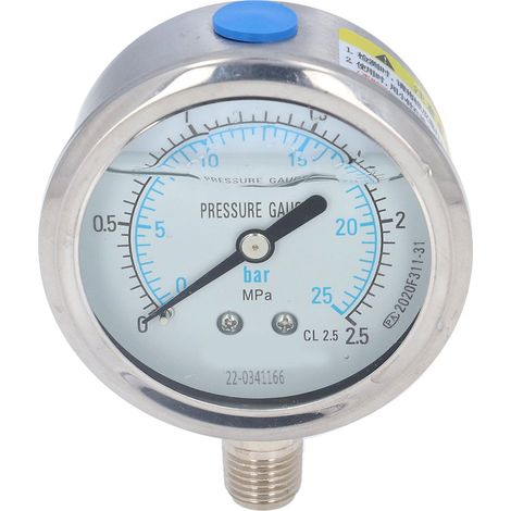 Manometer 1/4 NPT, Genauigkeitsstufe 2,5, transparentes Zifferblatt, Vakuummanometer mit Edelstahlgehäuse, 0 bis 2,5 MPa